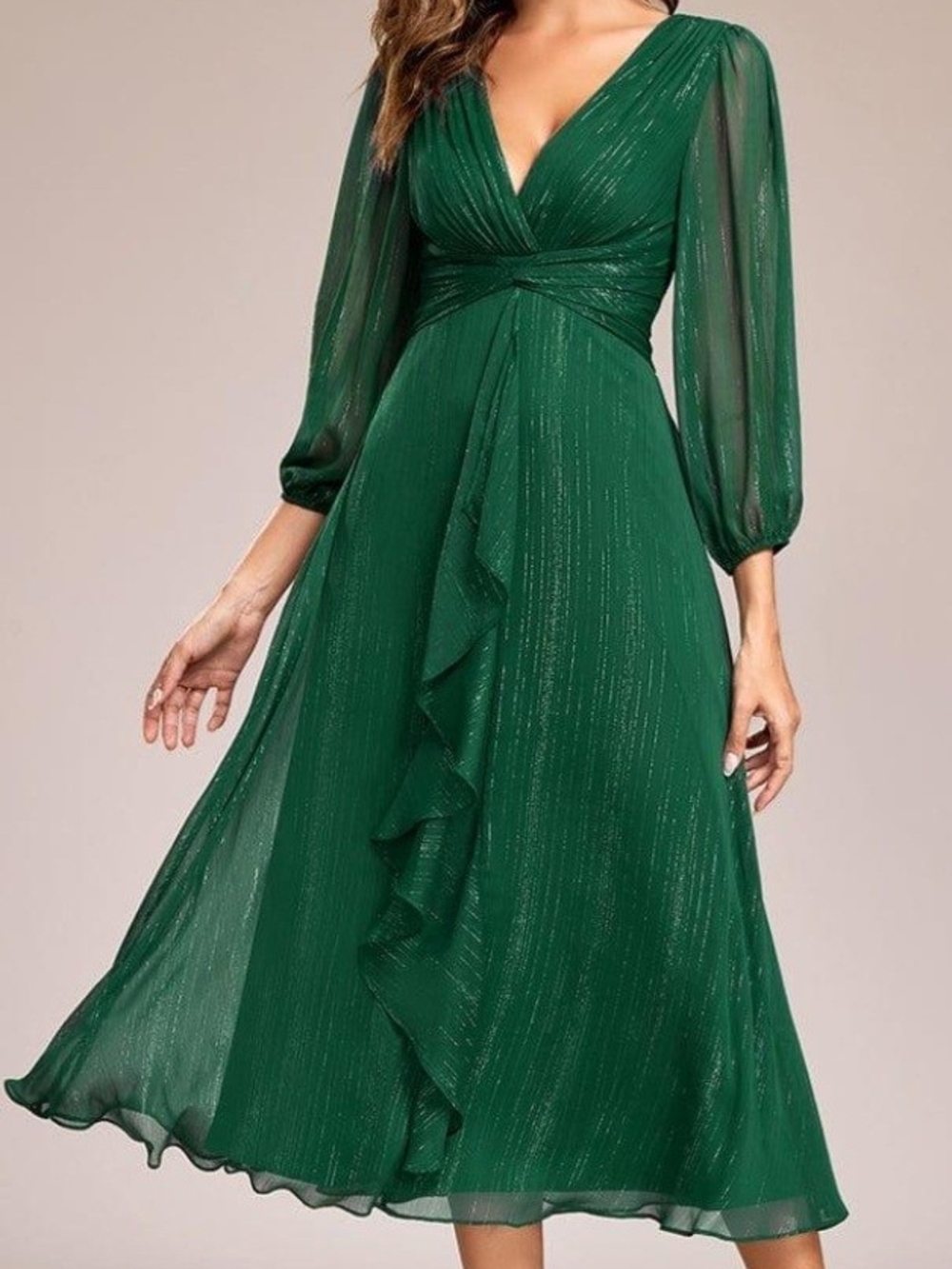 Ever Pretty Glitter Twist Knot Elegant Green V-Neck Ruffle Midi Dress - Size 4